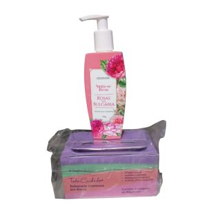 promoção exclusiva hidrantante rosas da bulgária 190g + caixa de sabonetes cremoso em barra com 4 unidades 90g cada.